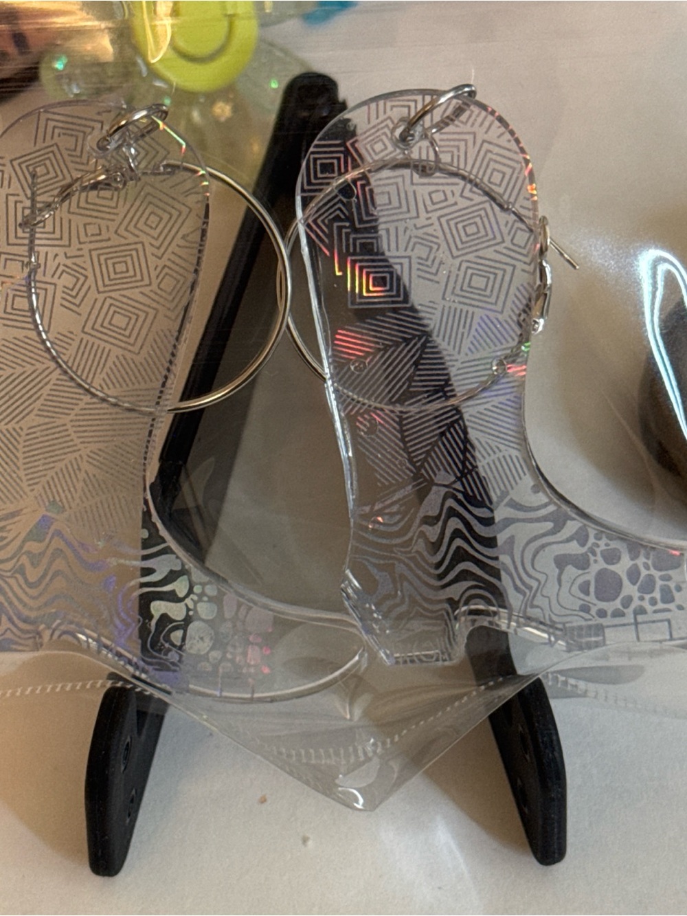 Clear Holographic cowgirl boot with Silver Hoops earrings